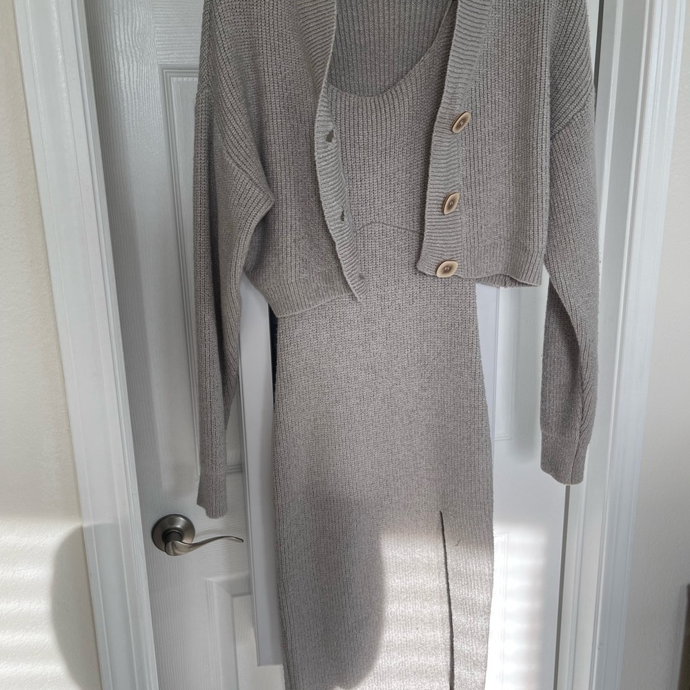 Fashion Nova Taupe Knit Midi Dress with Cropped Cardigan
